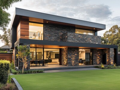 Open-plan suburban house contrasts dark stone with wood, landscaped lawn.