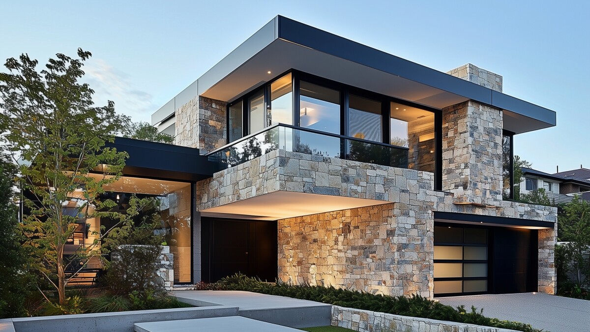 Angular features and a combination of stone and glass mark this home.