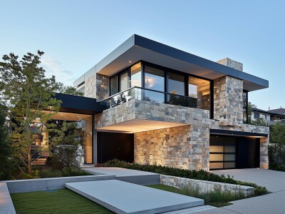 Angular features and a combination of stone and glass mark this home.